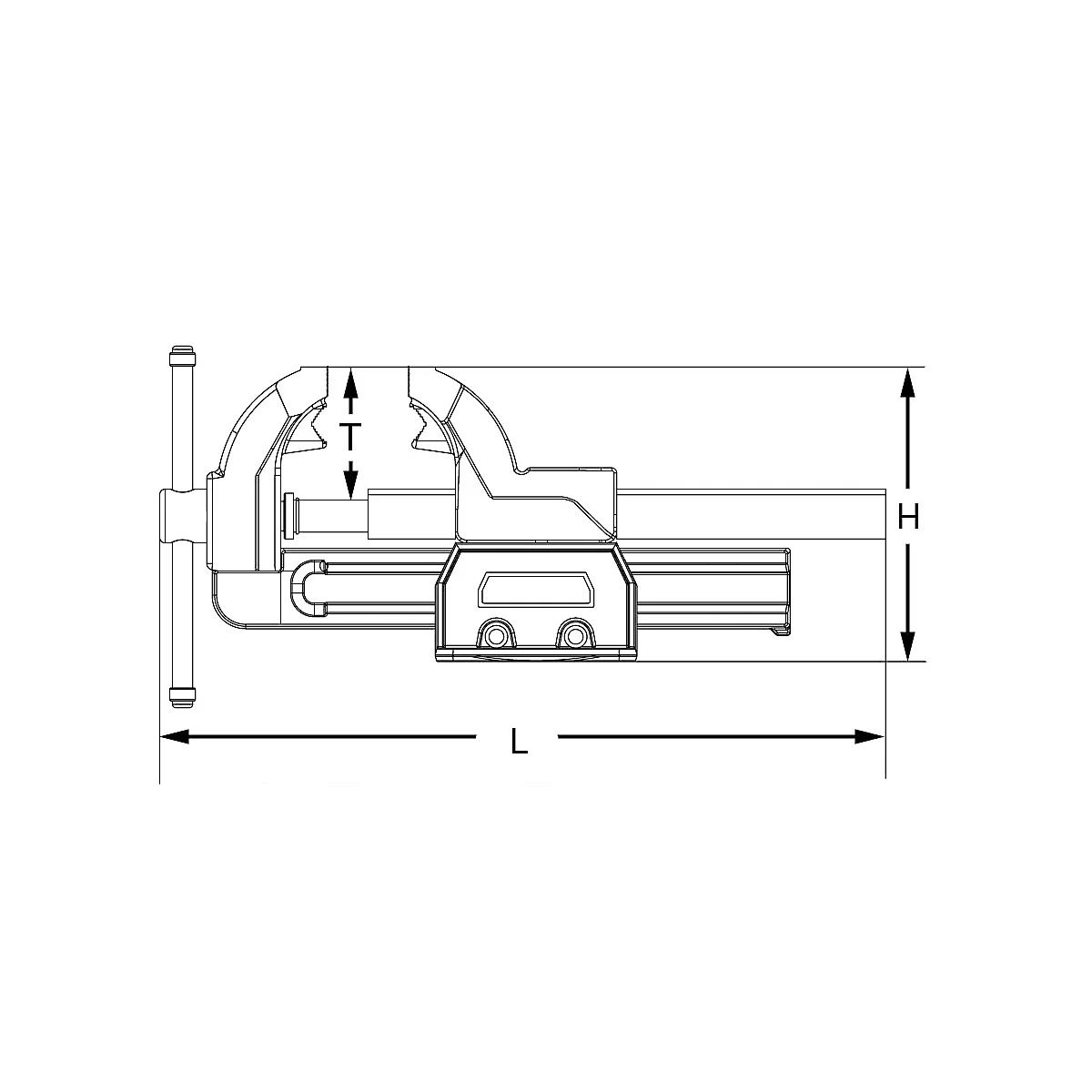 Zeichnung eines Schraubstocks mit Maßangaben. Der Schraubstock ist grau dargestellt und von Pfeilen mit den Buchstaben L, H und T versehen.